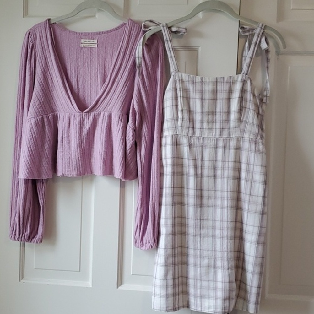 HOLLISTER PLAID COTTON SHEATH DRESS WHITE LAVENDAR ADJUSTABLE TIES SUMMER